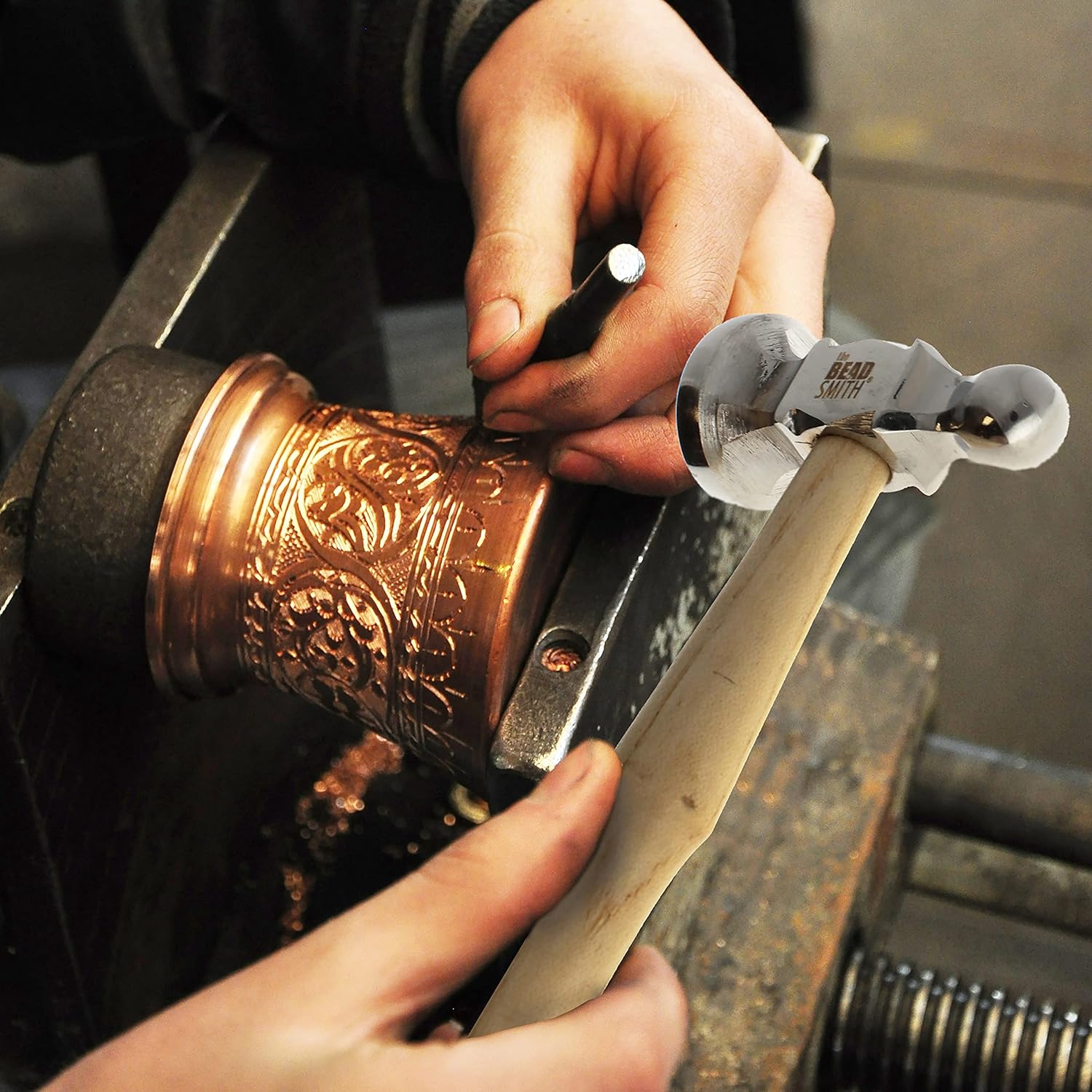 The Beadsmith Two-Sided Chasing Hammer - 10.75 Inches Wooden Handle, 2.25u201D Steel Head with a 14mm Ball Pein & 1.1"/ 28mm Domed Face - Tool Used to Add Texture and Dimension to Metalwork, 4oz./113g