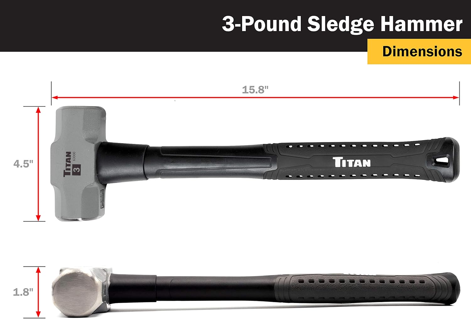 Titan 63000 3lb Sledge Hammer, Forged Steel Head, Overstrike Protection, Sledgehammer with 16" Shock Absorbing Fiberglass Handle with Textured Grip