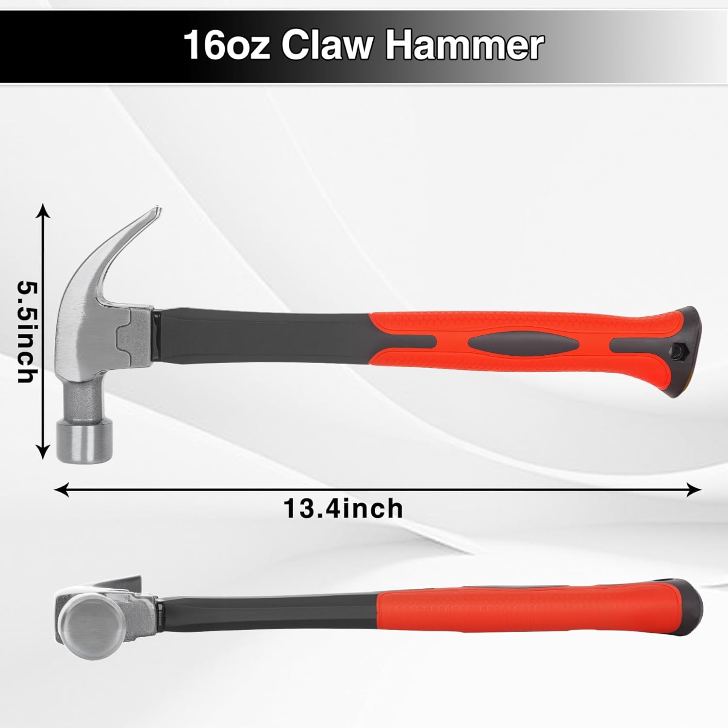 Alternative view of 16OZ Claw Hammer with Fiberglass Handle, Drop Forged Claw Hammer, All Purpose Hammer, Smooth Face, Shock-Absorbing Grip