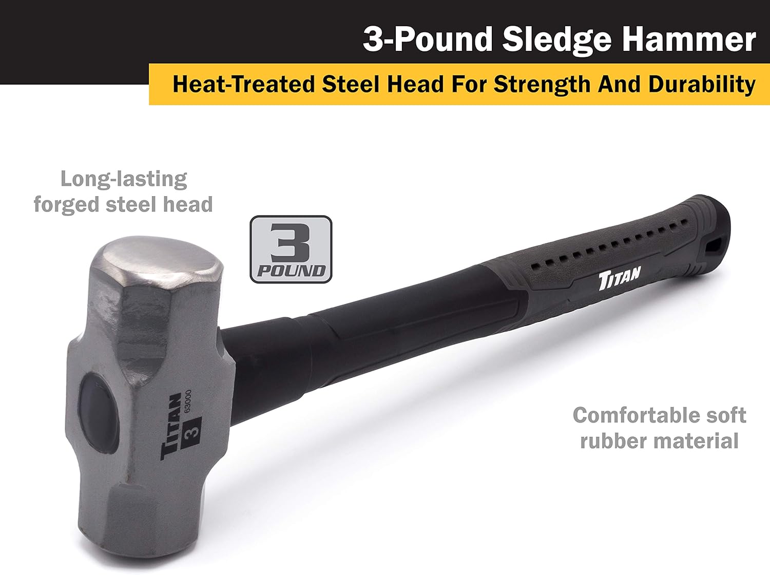 Alternative view of Titan 63000 3lb Sledge Hammer, Forged Steel Head, Overstrike Protection, Sledgehammer with 16" Shock Absorbing Fiberglass Handle with Textured Grip