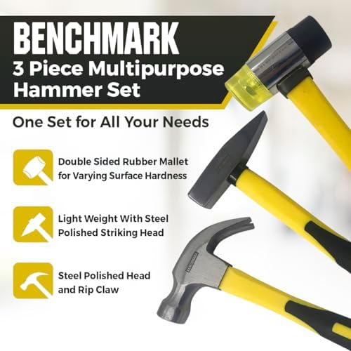 Alternative view of 3-Piece Hammer Set – 16 oz Claw Hammer, Tack Hammer & Double-Sided Rubber Mallet – Shock-Absorbing Grips, Durable Fiberglass Handles & Polished Steel Heads