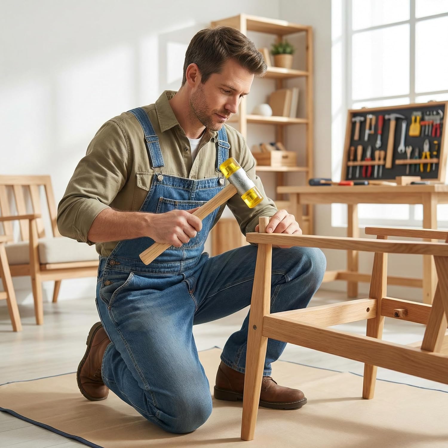 40 Oz CA Plastic Nylon Rubber Hammer with Wooden Handle, Double-Sided Safety Industrial Hand Hammer, Yellow