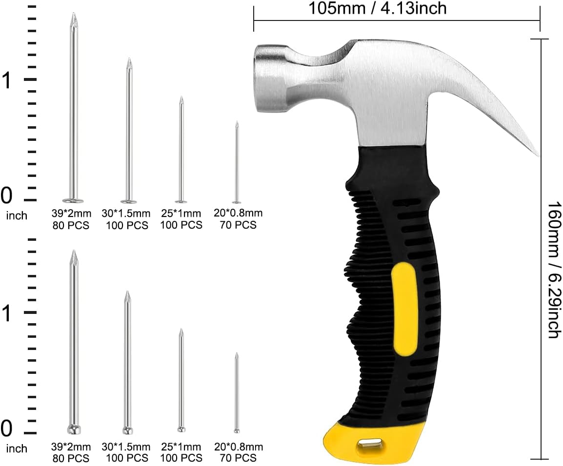 KURUI 700PCs Nails Assortment Kit & 8oz Hammer, Small Hammer for Hanging Wall Art Decor, Picture Frame, 350 Roofing/Wall Nails & 350 Finishing Nail