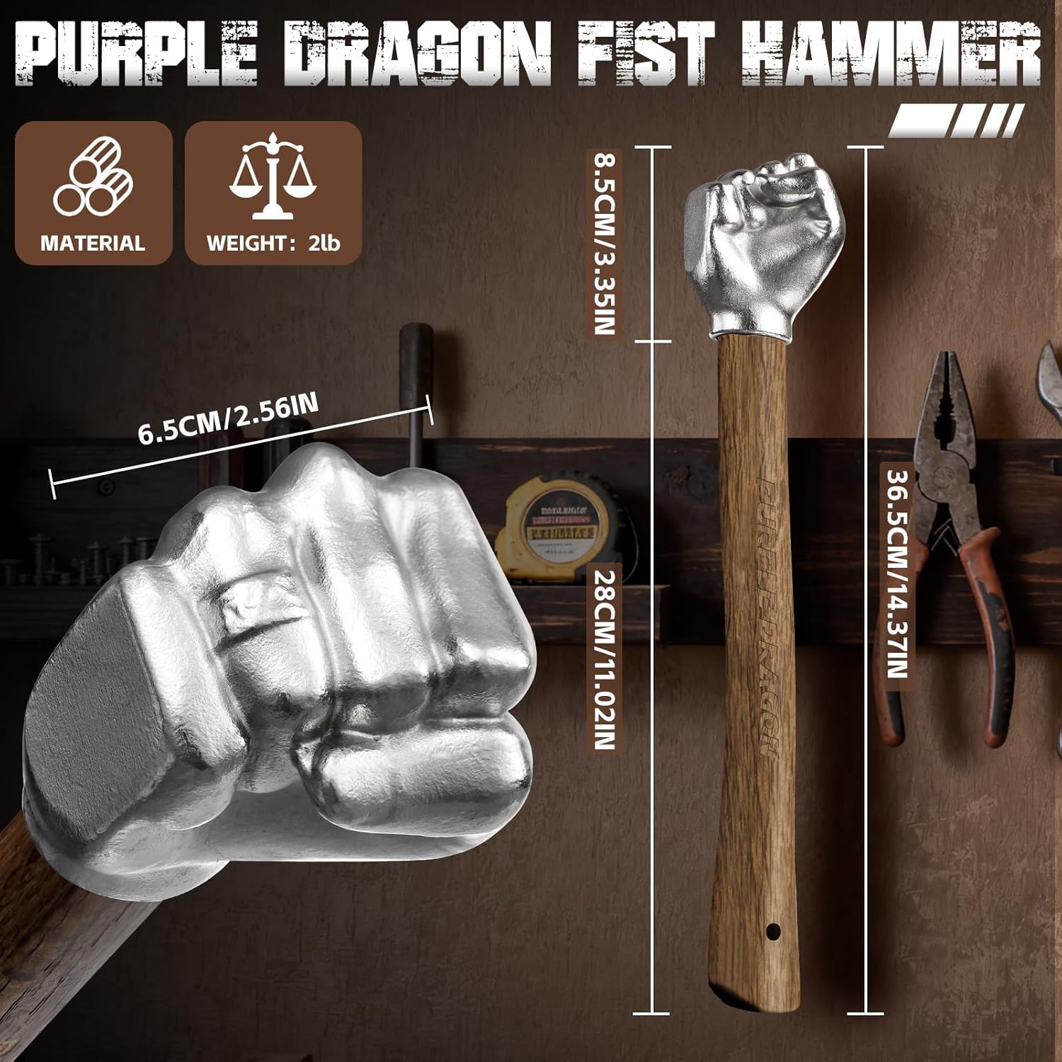 Purple Dragon Fist Hammer Tool - 2 Lbs Iron Fist-Shaped Hammer, Hand Hammers with Wooden Handle, Multi-Purpose Tool for DIY Crafting, Outdoor Camping, Home/Office Decor, Gifts for Men