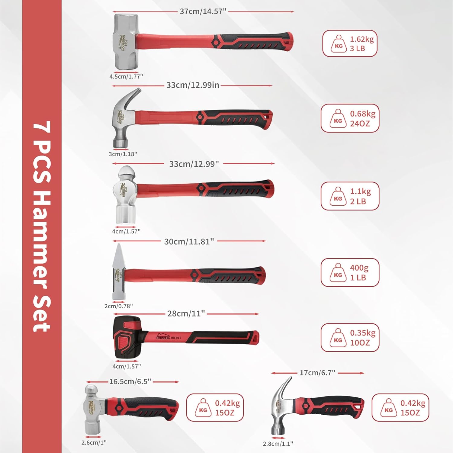 7-Pieces Hammer Set, 24 oz Claw Hammer, 12oz Claw Hammer, 13oz Ball Peen Hammer, 2 Lb Ball Peen Hammer, 3 Lb Sledge Hammer, Engineer Hammer, 10oz Rubber Mallet