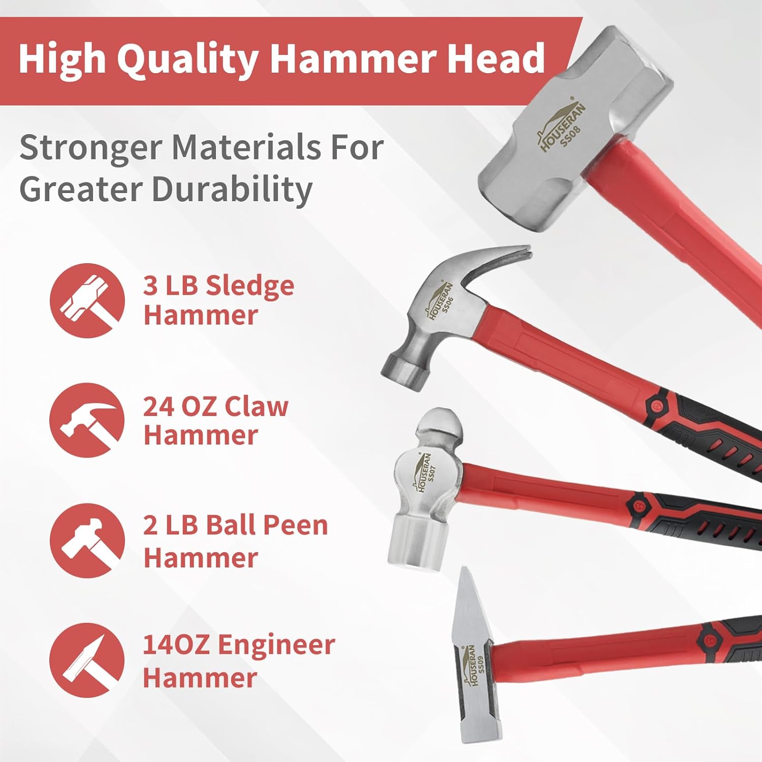 Alternative view of 7-Pieces Hammer Set, 24 oz Claw Hammer, 12oz Claw Hammer, 13oz Ball Peen Hammer, 2 Lb Ball Peen Hammer, 3 Lb Sledge Hammer, Engineer Hammer, 10oz Rubber Mallet
