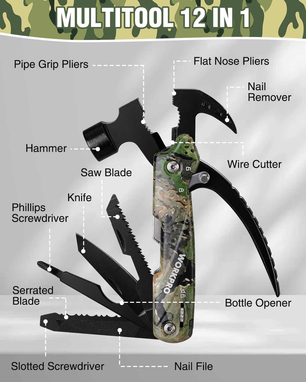 Alternative view of WORKPRO Multitool-12 in 1 Camping Tools with Mini Hammer-EDC Gear Multi Tools Hammer with Safety Lock and Pouch-Mini Multitools Gifts for Men and Women-Camouflage
