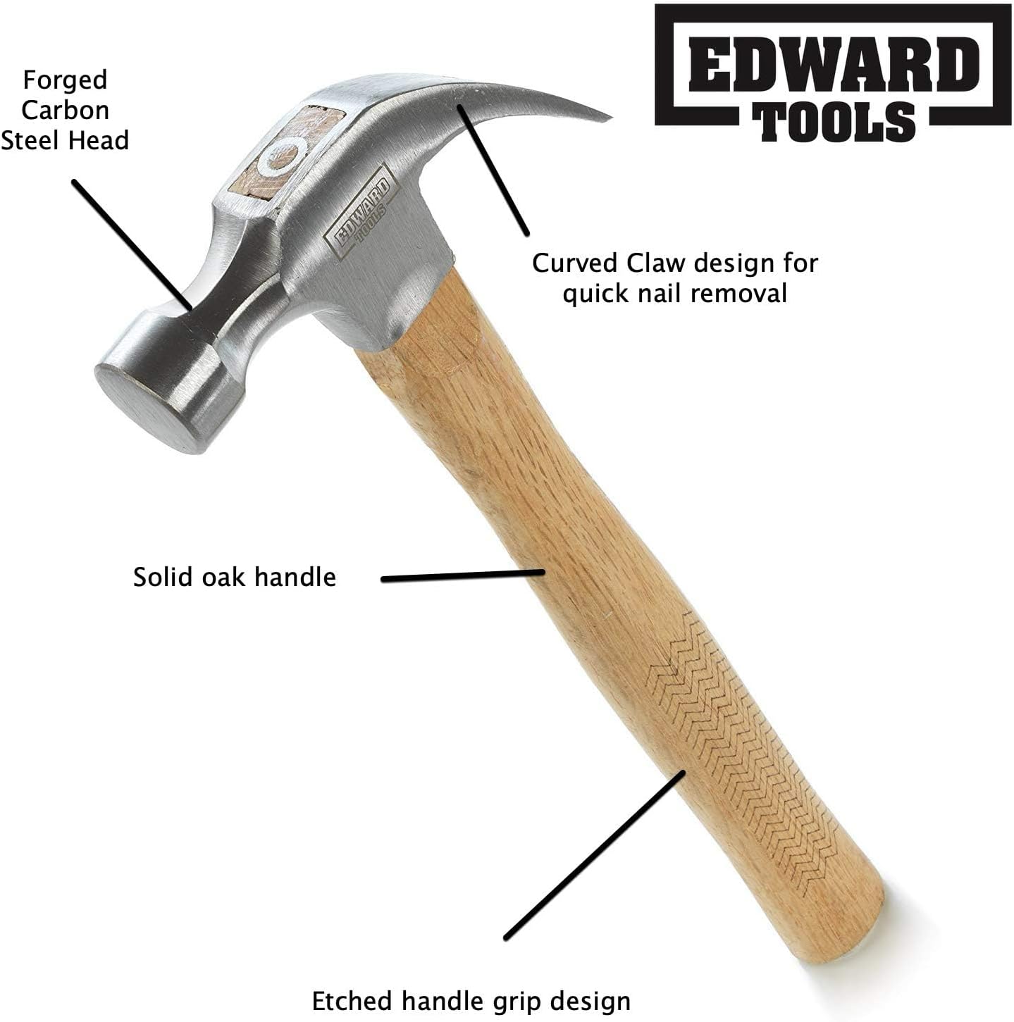 Edward Tools 16 oz. Oak Claw Hammer - Heavy Duty All Purpose Hammer - Forged Carbon Steel Head - Etched Solid Oak Wood Handle for More Durability and Grip