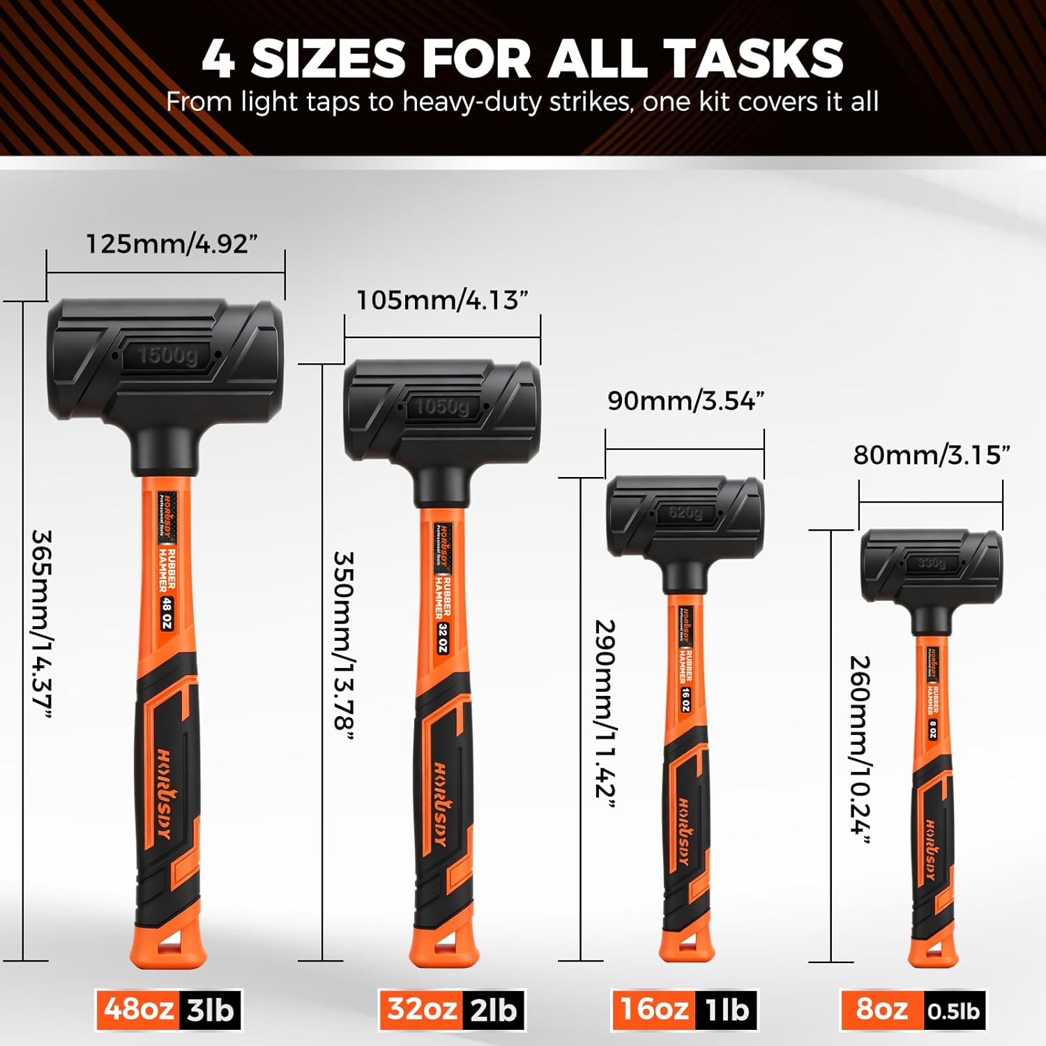 HORUSDY 4-Piece Dead Blow Hammer Set (0.5lb, 1lb, 2lb, 3lb) – One-Piece Molded Body, Steel Shot Filled, No Rebound, Non-Spark, Non-Slip Grip, for Auto, Carpentry & Tile Work