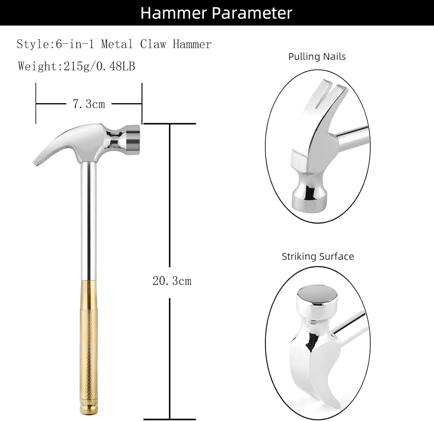 Small Metal Hammer 6 in 1 with Slotted/Flat Head Phillips Screwdriver Claw Hammer Manual, Portable Multifunction Tool Hammer (Gold Silver)