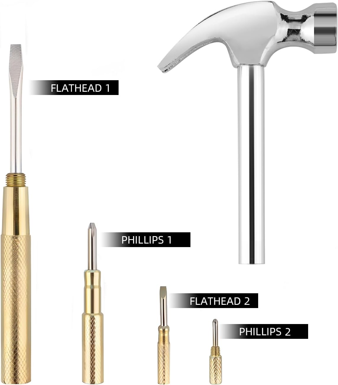 Alternative view of Small Metal Hammer 6 in 1 with Slotted/Flat Head Phillips Screwdriver Claw Hammer Manual, Portable Multifunction Tool Hammer (Gold Silver)