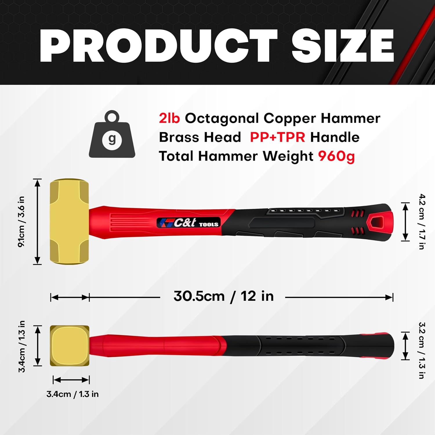 C&T 2lb Brass Sledge Hammer,Non-Sparking, Comfortable Fiberglass Handle,2-Pounds,Non-Magnetic,Corrosion Resistant