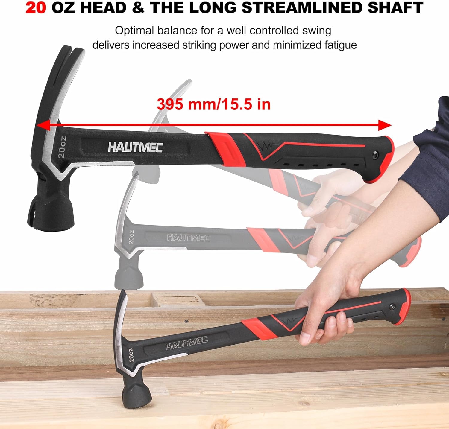 HAUTMEC 20 oz. One Piece Forged Framing Hammer With Straight Rip Claw Hammer, Milled Face, Shock-Absorbing Grip, with Magnetic Nail Holder, HT0371-HM