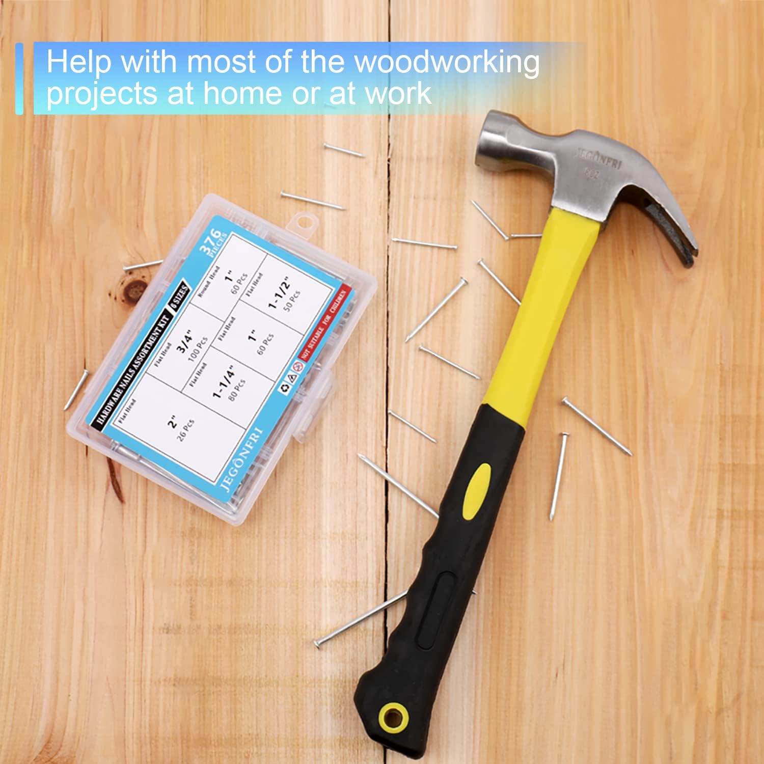 376pcs Hardware Assortment Kit with 2" Nails & 8oz Claw Hammer for Hanging Pictures, Finishing, Wall, Small, Wood Nails and Hammer