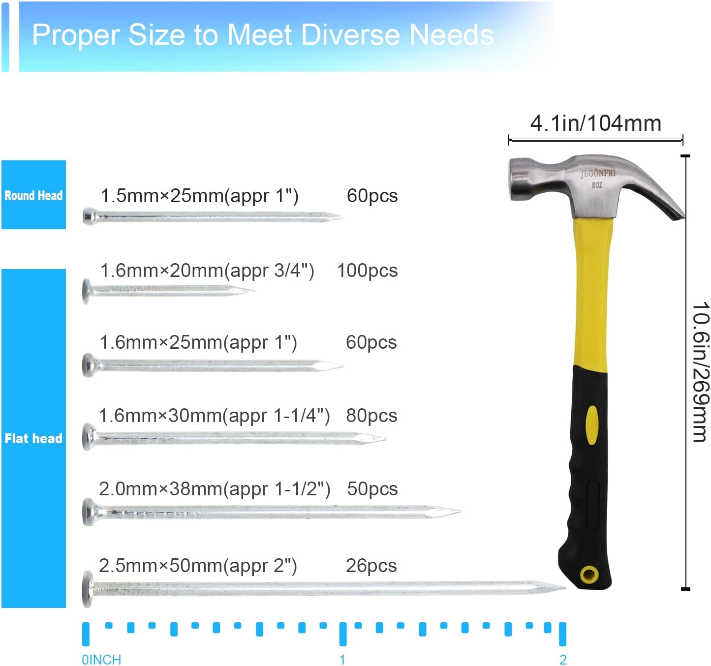 Alternative view of 376pcs Hardware Assortment Kit with 2" Nails & 8oz Claw Hammer for Hanging Pictures, Finishing, Wall, Small, Wood Nails and Hammer