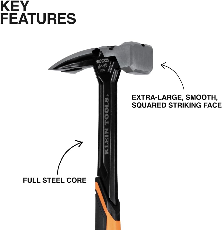 Klein Tools H80922S Smooth Face Framing Hammer with Straight Claw, 22-Ounce Forged Steel, Magnetic Nail Starter, and Extra-Large Squared Strike Face