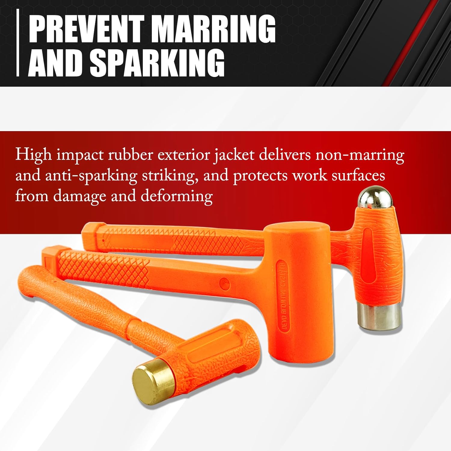 Alternative view of C&T 3-Pieces Dead Blow Hammer Set, Brass Hammer, Ball-Peen Hammer, and Dead Blow Hammer,Orange,Shockproof Design, No Rebound Hammer, Unibody Molded Checkered Grip, Spark and Rebound Resistant