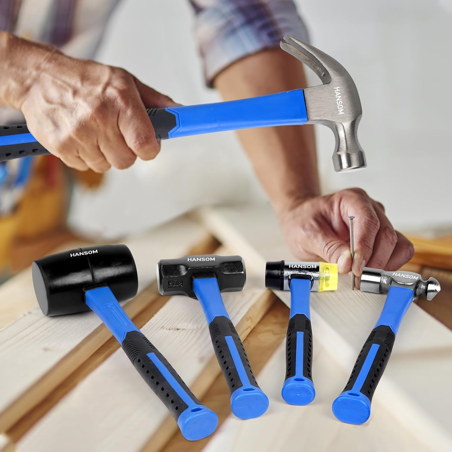 5-Pack Hammer Set,Rubber Mallet 32oz, Double-Faced Mallet 22oz,16oz Claw Hammer,16oz Ball Peen Hammer,3lb Sledge Hammer,Ergonomic Handle