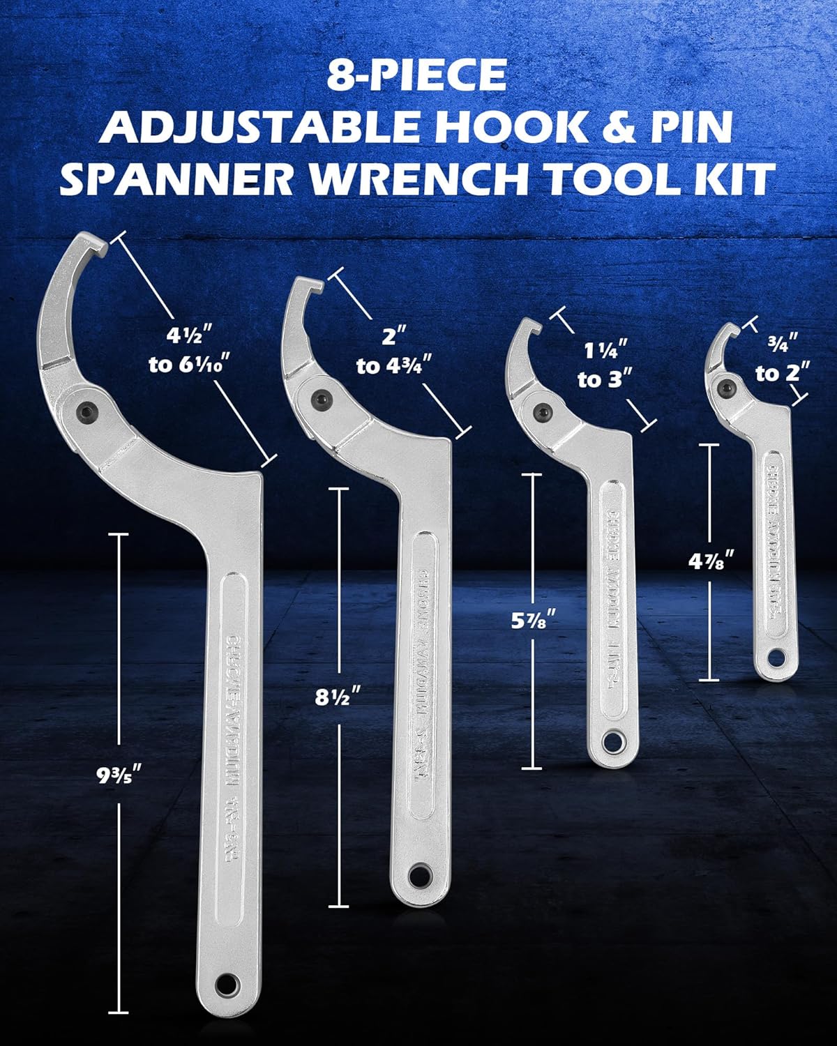 Orion Motor Tech 8pc Adjustable Pin Spanner Wrench Tool Set, Spanner Nut Wrench Tools with Changeable Heads for Pipes Heating Cars, Coilover Hook Wrenches for Suspension System, 3/4" to 6-1/10"