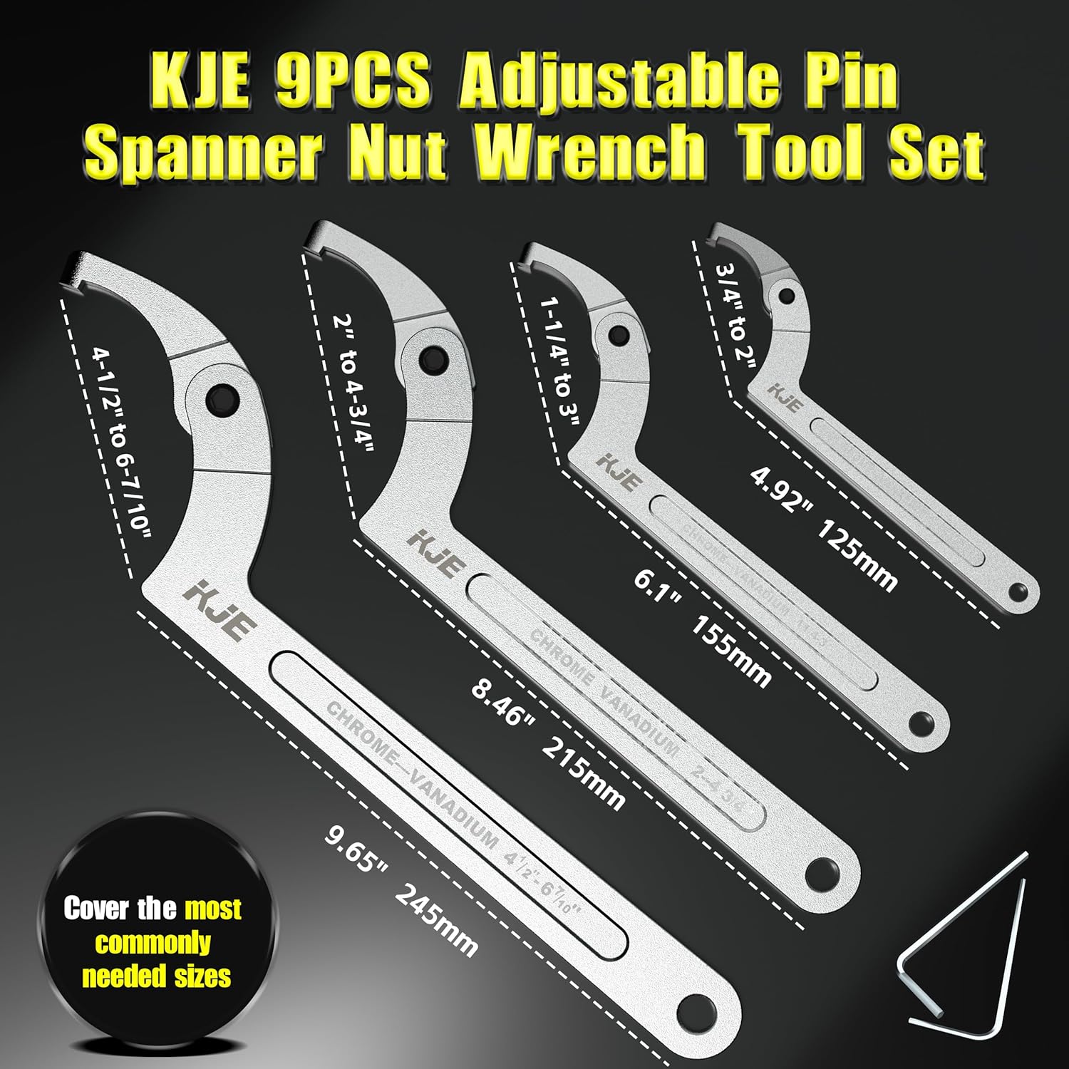 KJE 10PCS Adjustable Pin Spanner Nut Wrench Tool Set, C-Shape Pin Hook Wrench Tools with Replaceable Heads for Pipes Heating Cars, Coilover Wrenches for Suspension System, Bearing, 3/4" to 6-7/10"