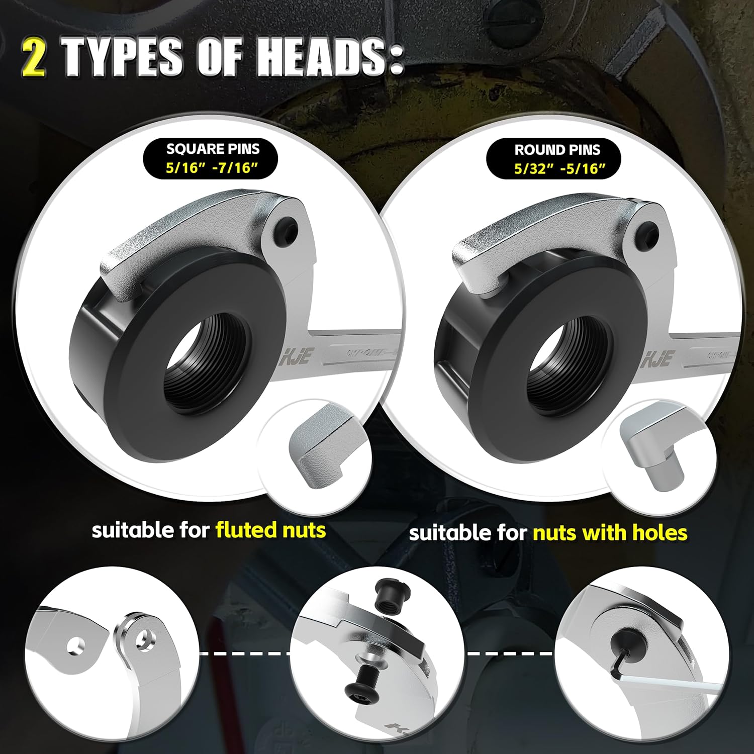 Alternative view of KJE 10PCS Adjustable Pin Spanner Nut Wrench Tool Set, C-Shape Pin Hook Wrench Tools with Replaceable Heads for Pipes Heating Cars, Coilover Wrenches for Suspension System, Bearing, 3/4" to 6-7/10"