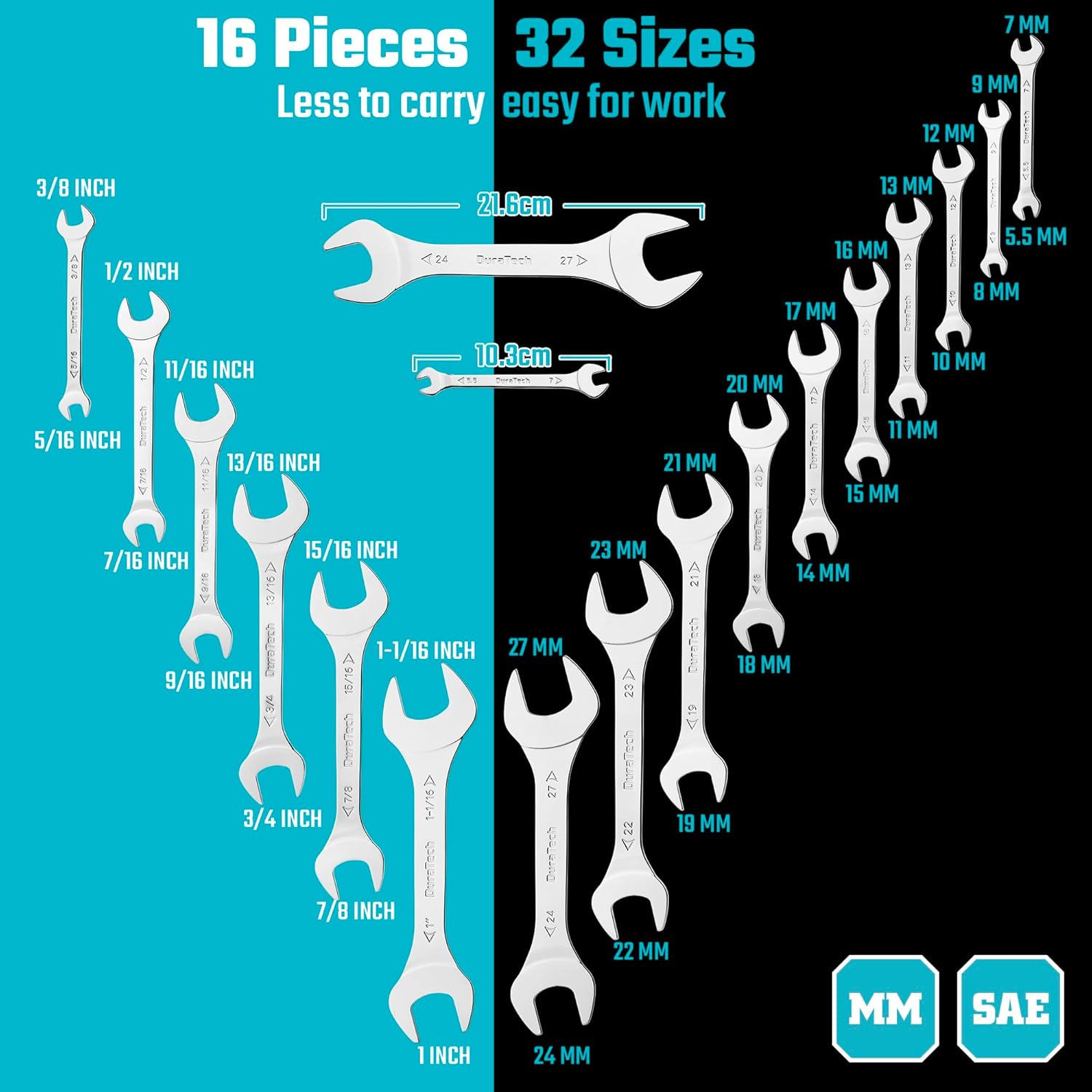 DURATECH Super-thin Open End Wrench Set, SAE(5/16" to 1-1/16") & Metric(5.5mm to 27mm), 16-Piece, Slim Spanner Wrench Set with Rolling Pouch
