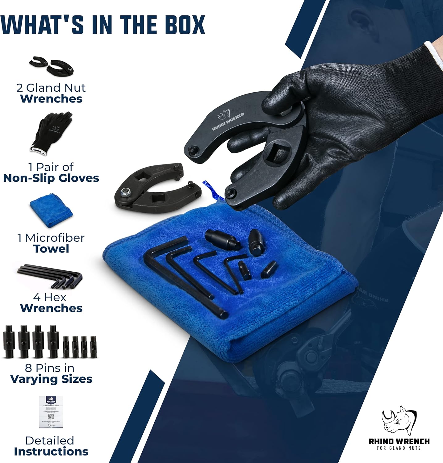 Rhino Gland Nut Wrench - Set of 2 Hydraulic Cylinder Spanner Wrench Adjustable - Spanner Wrench Set Includes Gloves, Microfiber Towel, Pins & Allen Wrenches, Suitable for Farm & Construction Equipment