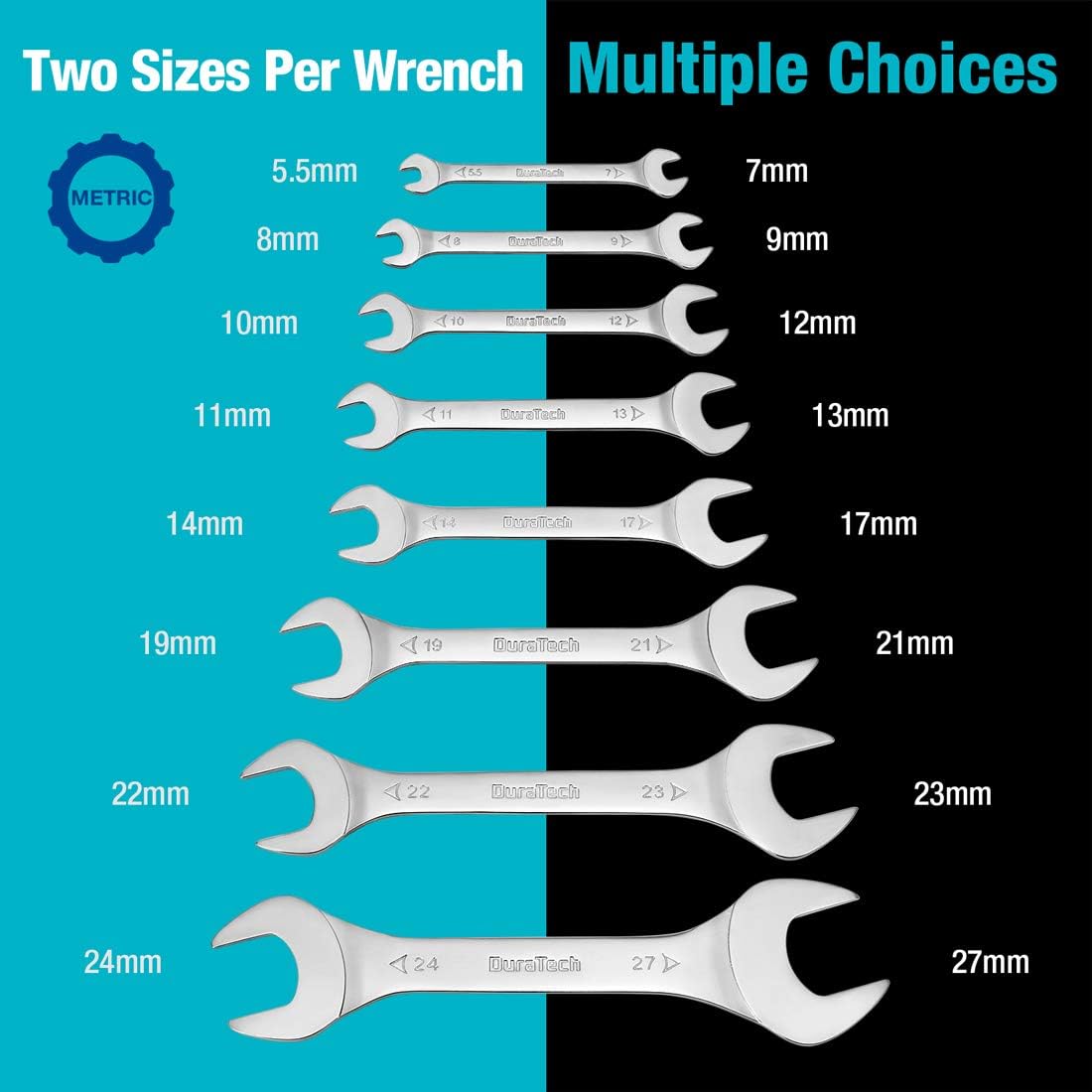 DURATECH Super-Thin Open End Wrench Set, Metric, 8-Piece, Including 5.5, 7, 8, 9, 10, 11, 12, 13, 14, 17, 19, 21, 22, 23, 24, 27 mm, Slim Spanner Set with Rolling Pouch