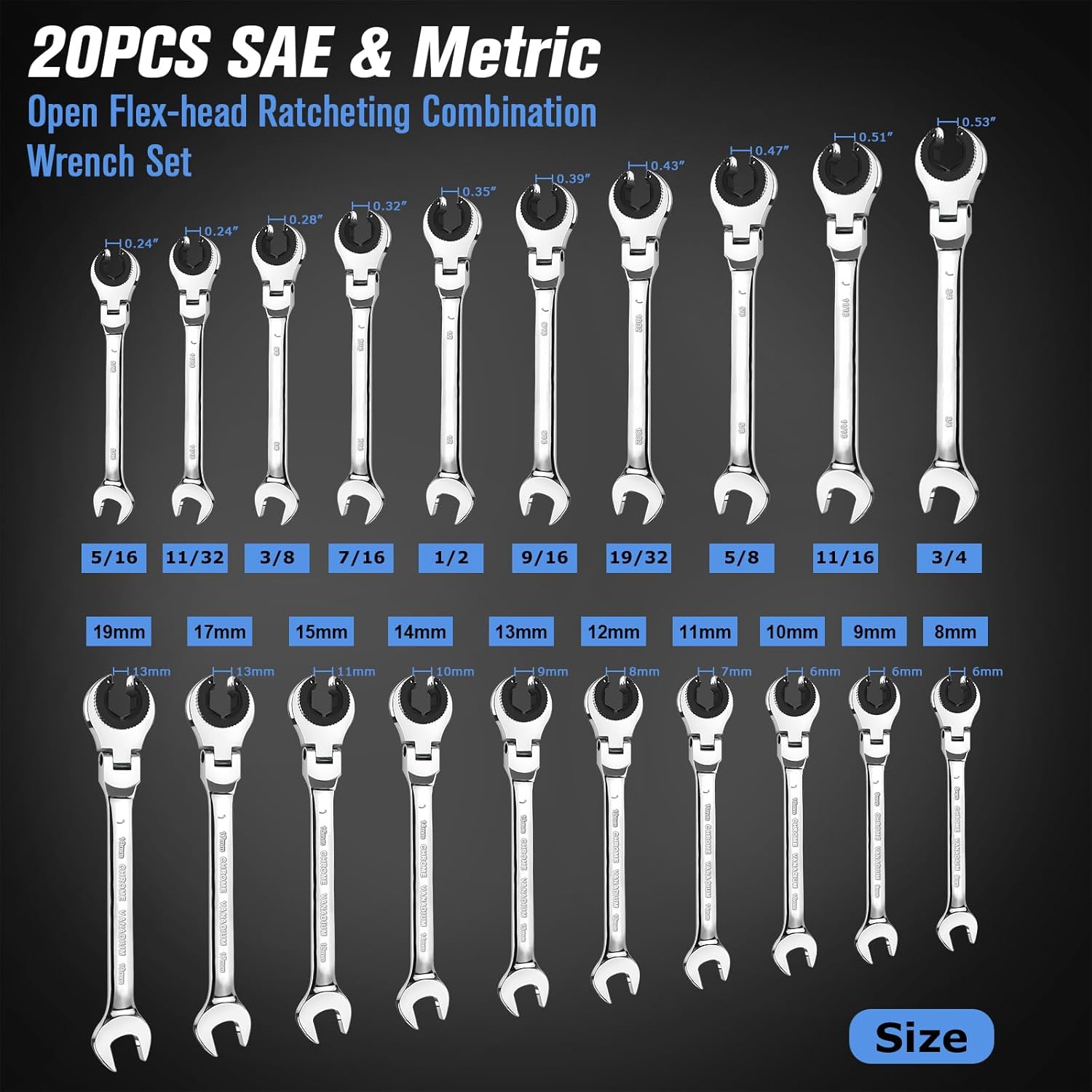LOSCHEN 20PCS SAE & Metric Ratcheting Combination Wrench Set, with Open Flex-head, Open End Spanner Set with 72-Tooth Gear, CR-V Steel