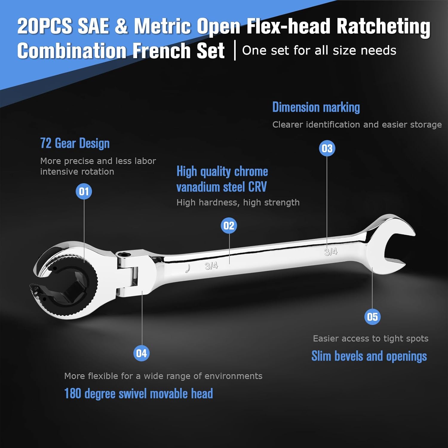 Alternative view of LOSCHEN 20PCS SAE & Metric Ratcheting Combination Wrench Set, with Open Flex-head, Open End Spanner Set with 72-Tooth Gear, CR-V Steel