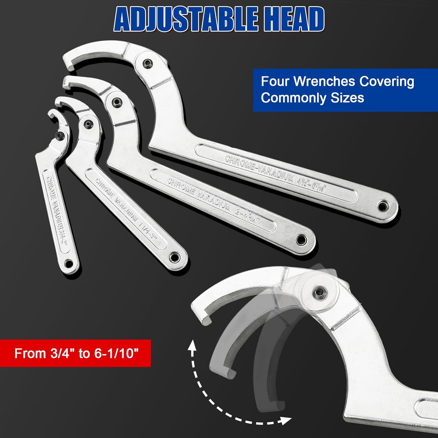 9pcs Adjustable Pin Spanner Wrench Tool Set, C Pin Spanner Hook Wrench, Spanner Nut Wrench Tools with Changeable Heads for Pipes Heating Cars, Coilover Hook Wrenches, 3/4" to 6-1/10"