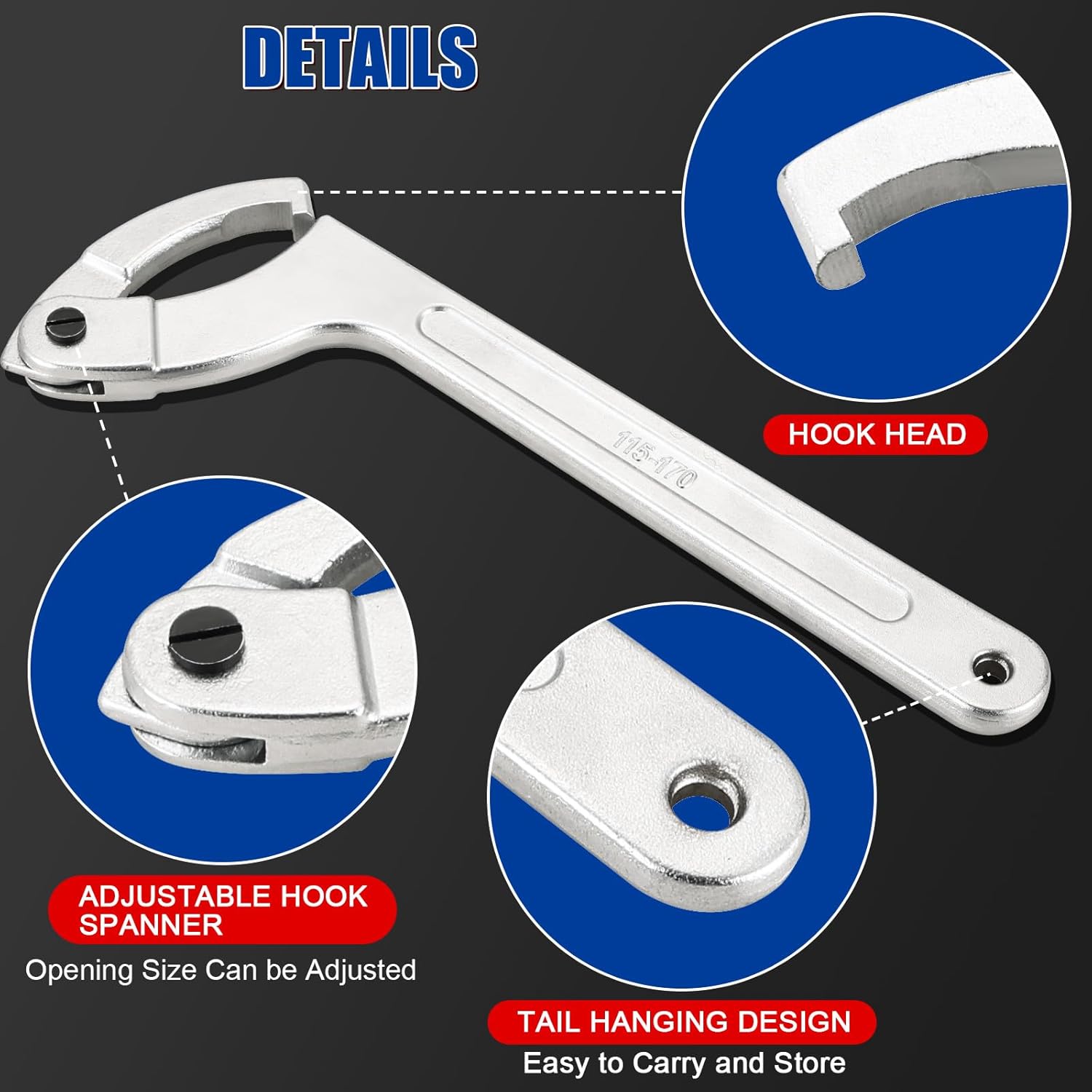 Alternative view of 9pcs Adjustable Pin Spanner Wrench Tool Set, C Pin Spanner Hook Wrench, Spanner Nut Wrench Tools with Changeable Heads for Pipes Heating Cars, Coilover Hook Wrenches, 3/4" to 6-1/10"