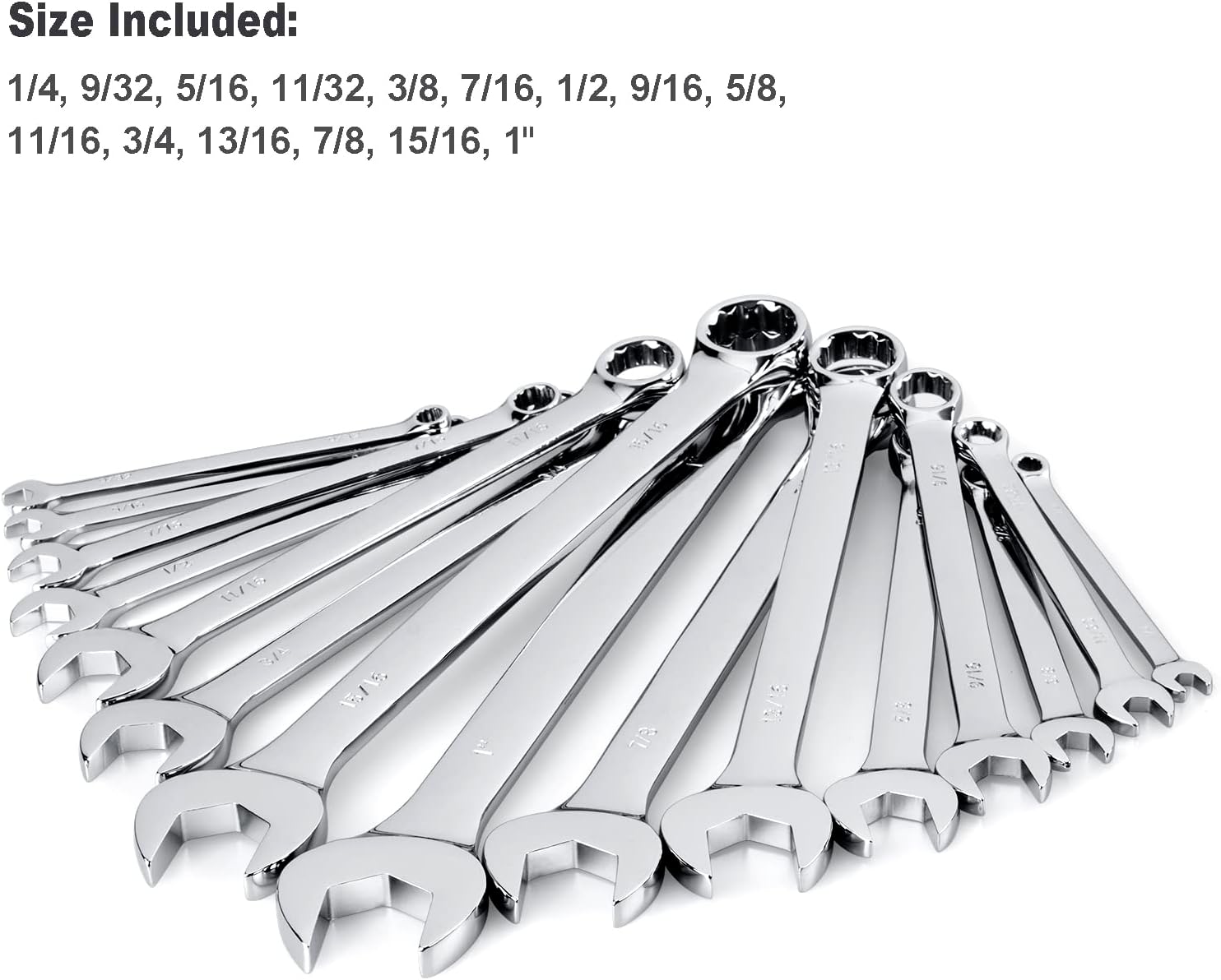 Max Torque 15-Piece Premium Combination Wrench Set, Complete SAE Inch Sizes from 1/4u201D to 1u201D with Rack Organizer | Cr-V Steel, Mirror Chrome Finish, Long Pattern, V-Groove Open End and 12-Point Box End