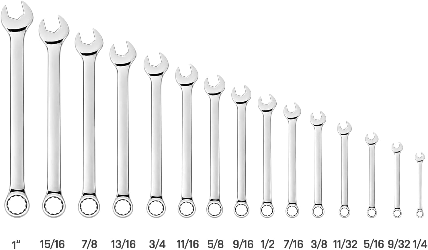 Alternative view of Max Torque 15-Piece Premium Combination Wrench Set, Complete SAE Inch Sizes from 1/4u201D to 1u201D with Rack Organizer | Cr-V Steel, Mirror Chrome Finish, Long Pattern, V-Groove Open End and 12-Point Box End
