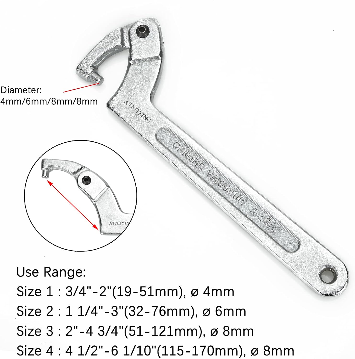 ATNHYING 4 pcs Spanner Wrench Set, Adjustable C Pin Spanner Hook Wrench Tool for Machine Tools, Vehicles, Mechanical Equipments,Round Head (4pcs Round Head)