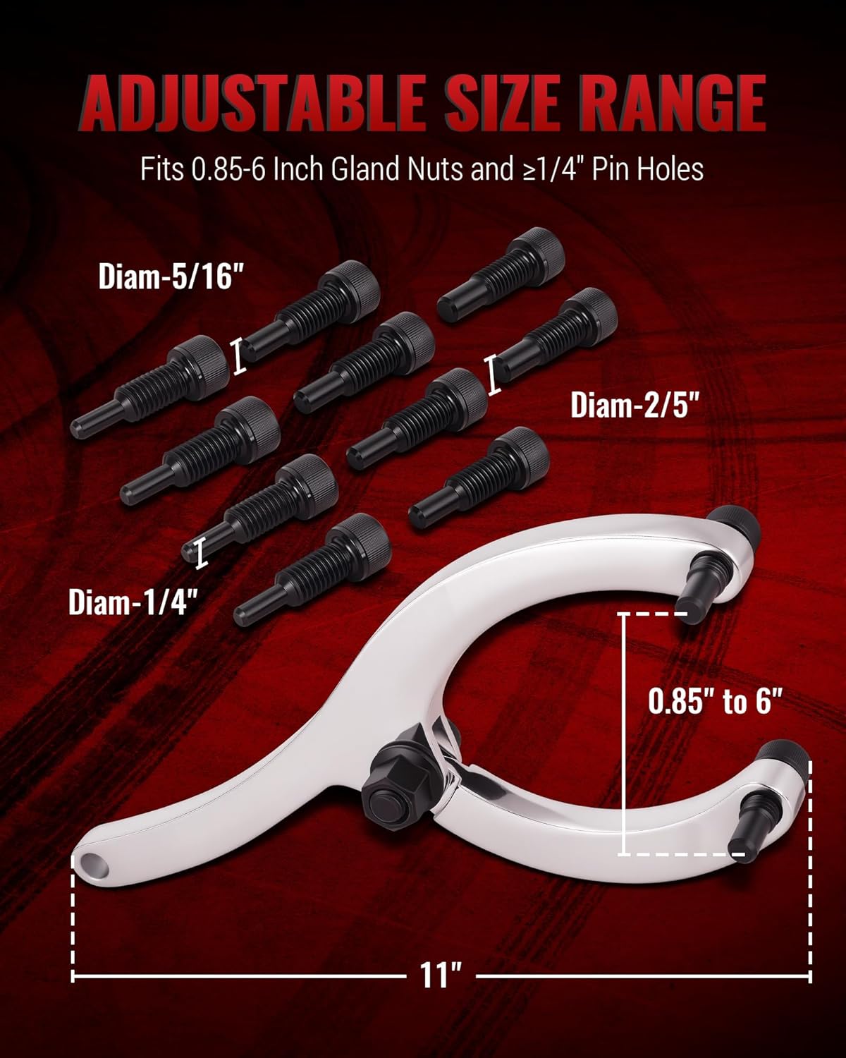 Spanner Wrench Set, 11-Inch Gland Nut Wrench with Handle, Hydraulic Cylinder Spanner Wrench for Nuts from 0.85 to 6 Inches, Includes 1/4", 5/16", and 2/5" Pins