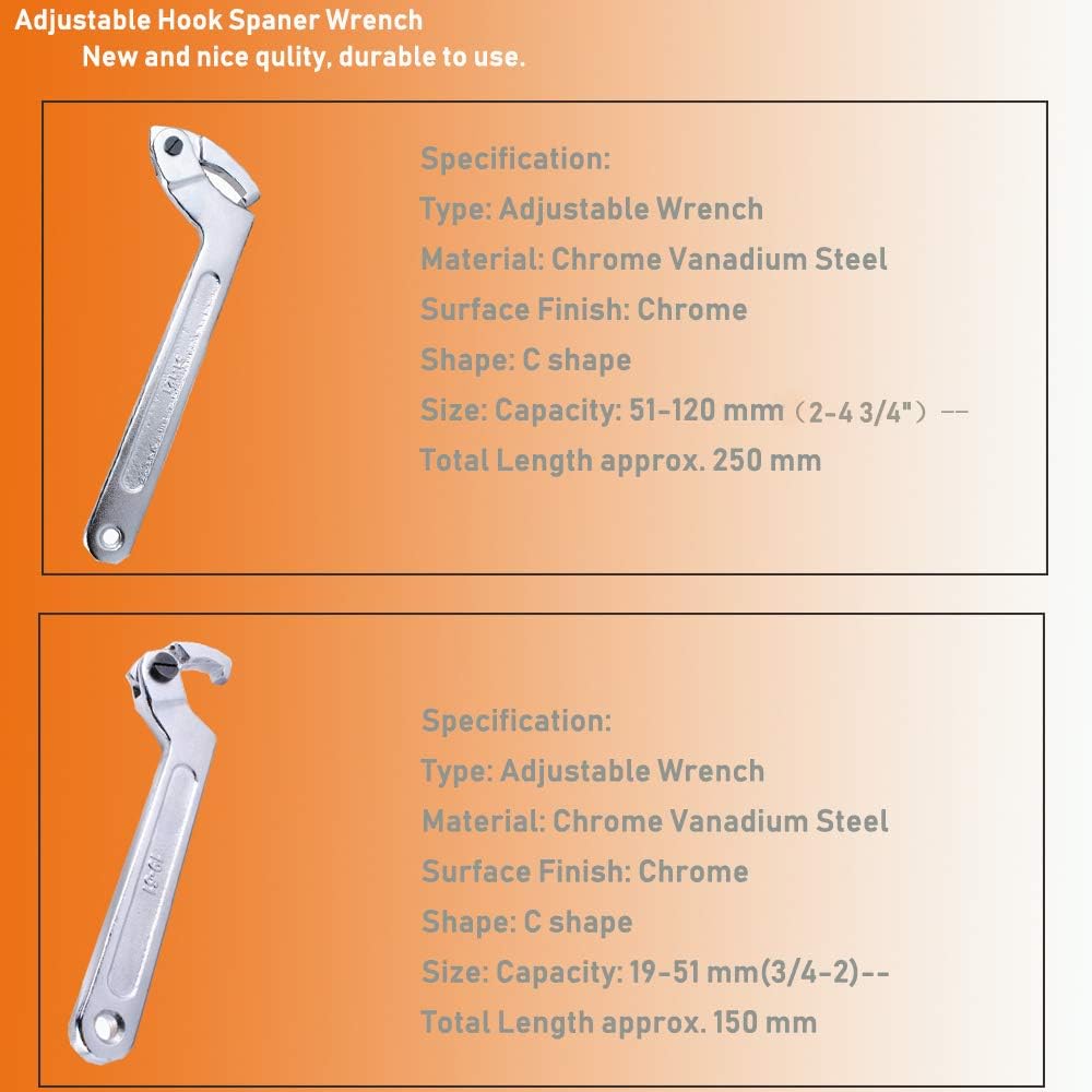 Alternative view of Wadoy Adjustable C Spanner Hook Wrench Tool, Chrome Vanadium 3/4-2"(19-51Mm)+2-4 3/4"(51-121Mm) Spanner Set-Used to Tighten Side Slot Nuts on Collars, Lock Nuts and Bearings Collets