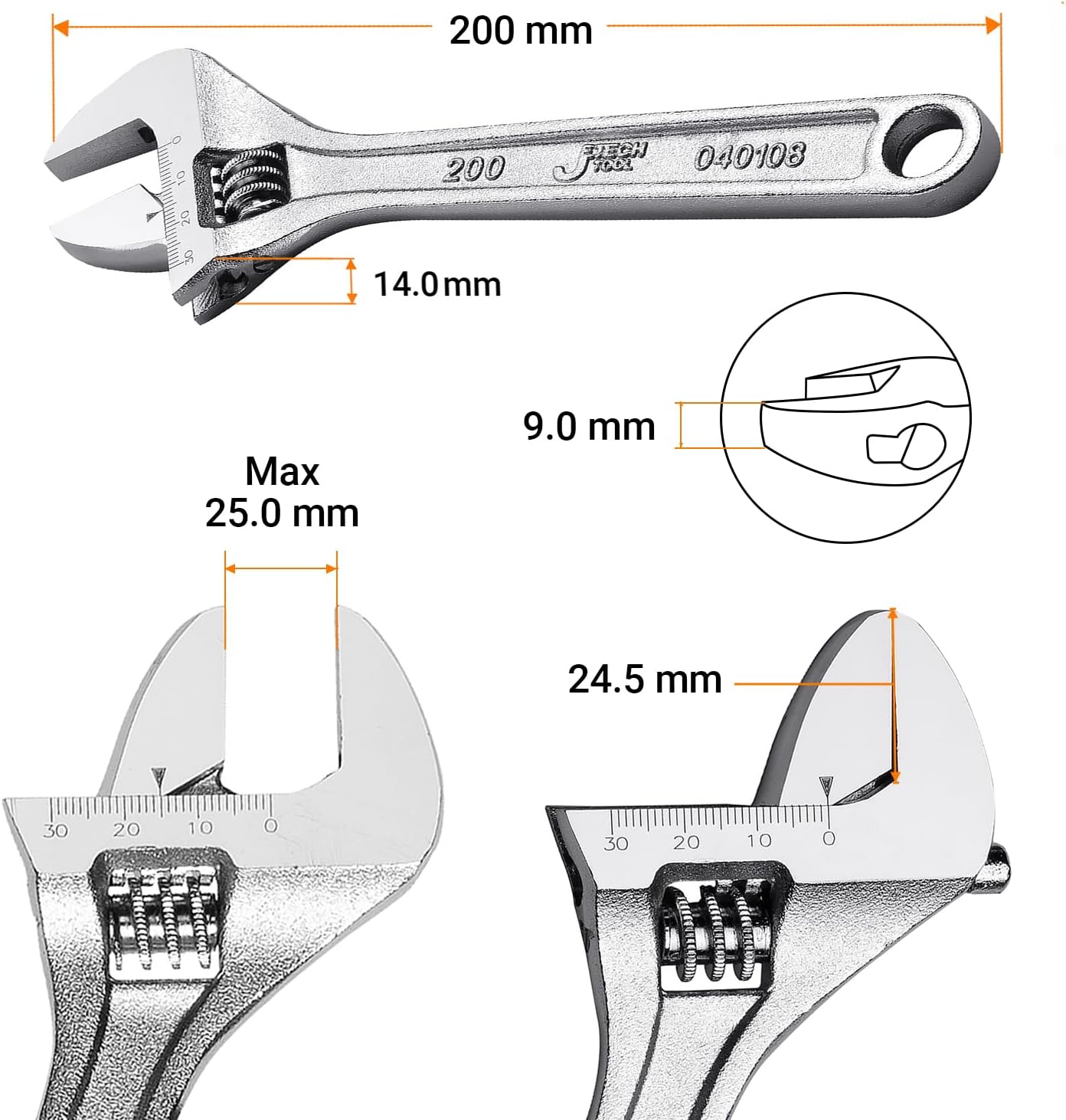 Jetech 8-Inch Adjustable Wrench - Professional Heavy Duty Spanner Chrome Vanadium Steel Shifter Spanner with Metric Scale Wide Caliber Opening