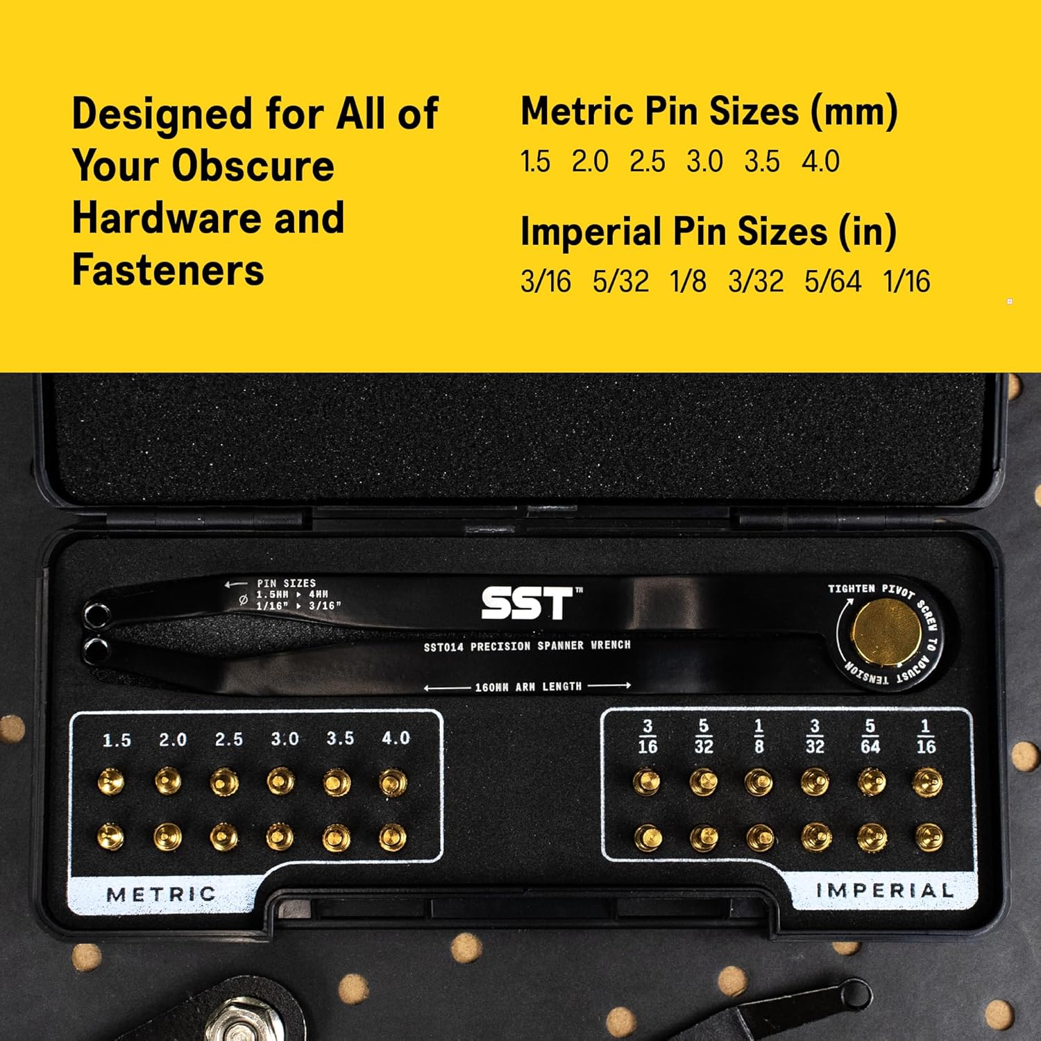 SST® - Precision Spanner Wrench – For Obscure Hardware & Fasteners – Includes 12 Metric & Imperial Steel Pin Sizes – Adjustable Tension – 160mm Arm – 180° Movement – With Storage Case