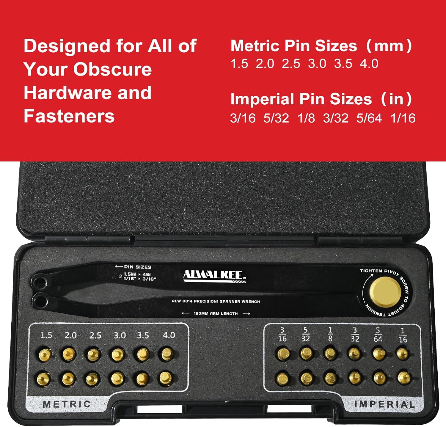 Alternative view of 25-Piece Pin Wrench Set with Case, Precision Spanner Wrench - Adjustable Hook Spanner for Bearings, Pulleys & Obscure Fasteners - Metric & Imperial Steel Pins, 160mm Arms, 180° Rotation