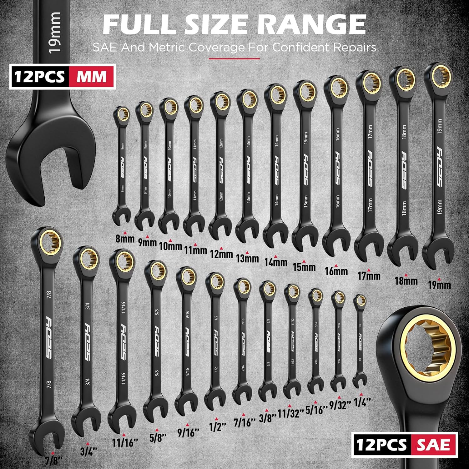 Premium 24-Piece Ratcheting Wrench Set, SAE(1/4-7/8") & Metric(8u201319mm) Combination Wrenches, 72-Tooth CR-V Steel with Durable Black Finish, Ratchet Spanners with Roll-Up Tool Pouch for Repair
