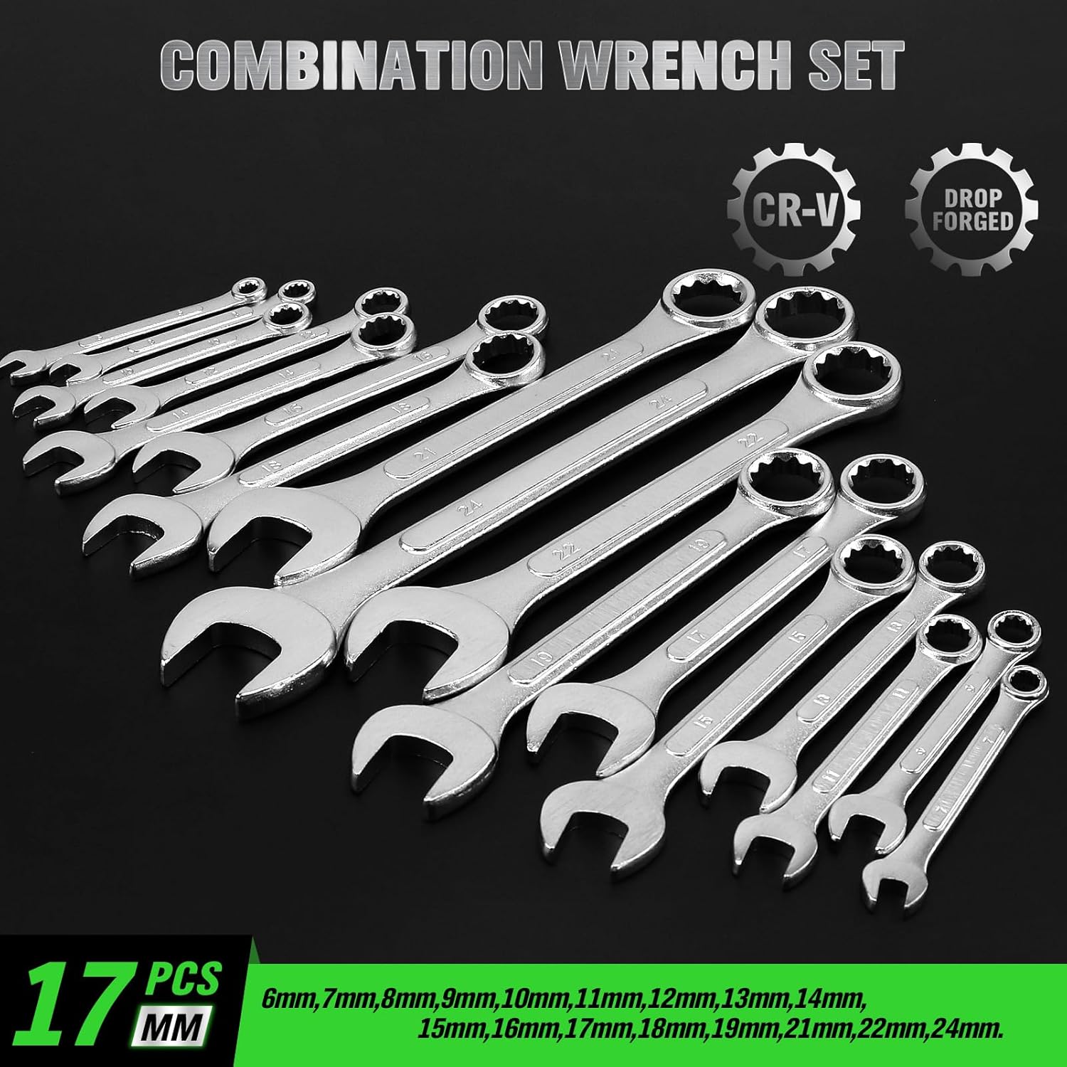 Alternative view of 30-Piece Combination Wrench Set, Metric (6mm-24mm) & SAE (1''-1/4"), Standard Spanner Wrench Set, Mechanic Tool Sets with Rolling Pouch, Open End Wrenches for Household, Garage, Workshop, Auto Repairs