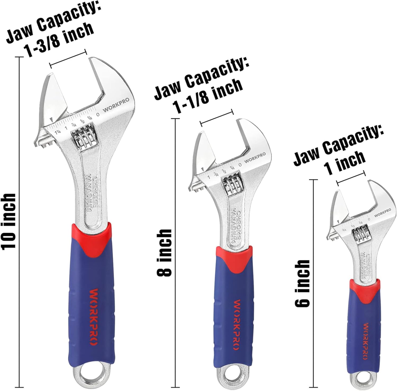 Alternative view of WORKPRO 3-piece Adjustable Wrench Set CR-V with Rubberized Anti-Slip Grips 10-inch, 8-inch, 6-inch