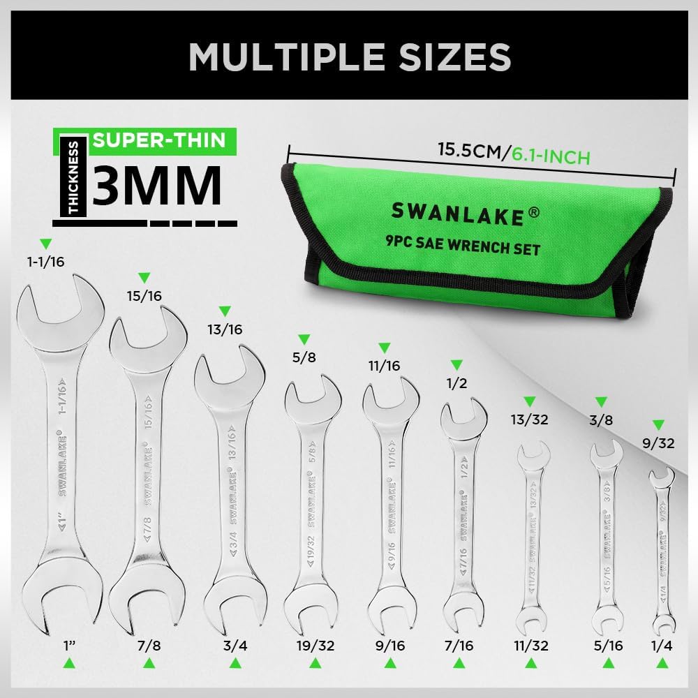 Alternative view of SWANLAKE 19Pcs Super-Thin Open End Wrench Set with Rolling Pouch, Carbon Steel SAE & Metric, 1/4" to 1-1/16" and 5.5mm to 27mm Slim Spanner Wrench Set (19pcs METRIC & SAE)