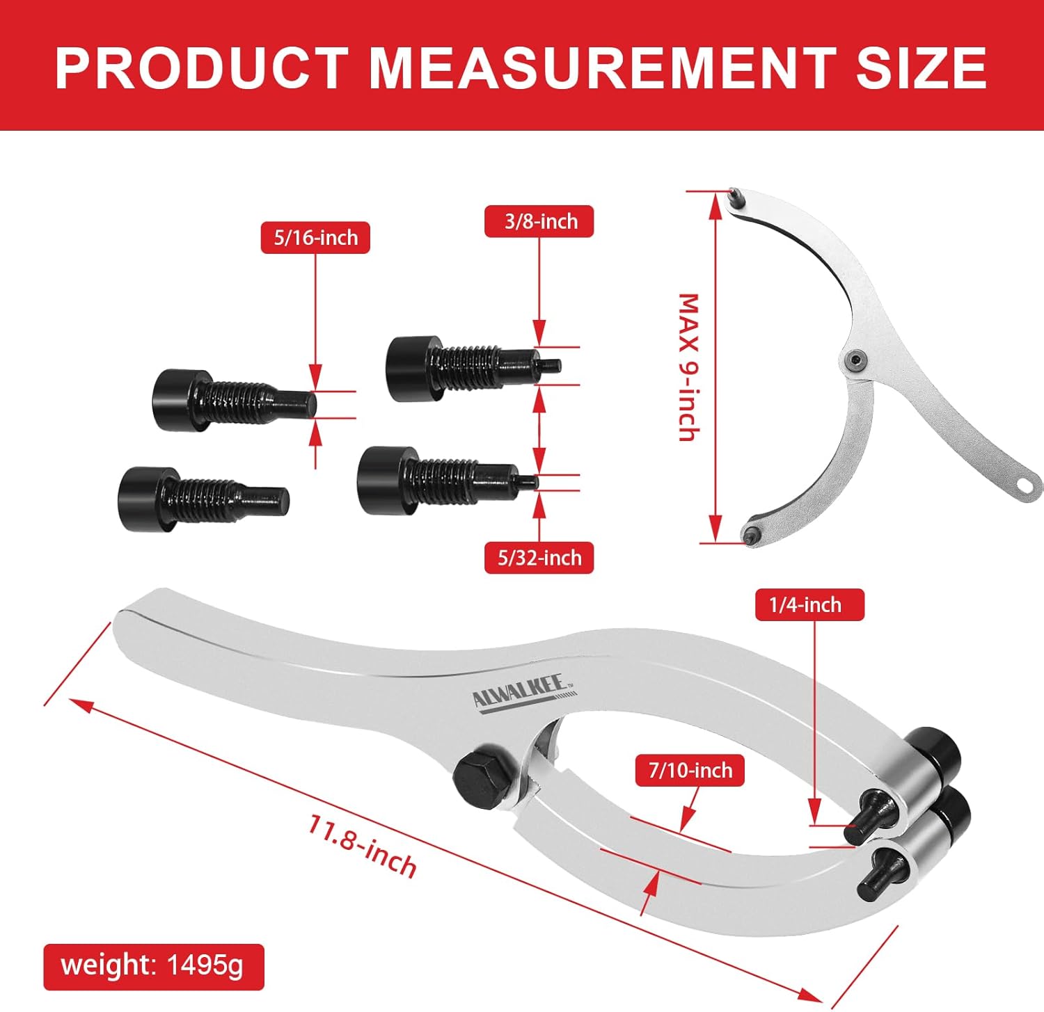 11.8 Inch Heavy Duty ‌Gland Nut Wrench Set‌ | ‌Adjustable Spanner Wrench‌ for 2-9" Hydraulic Cylinders | Includes 5/32", 1/4", 5/16", 3/8" Pins & Gloves