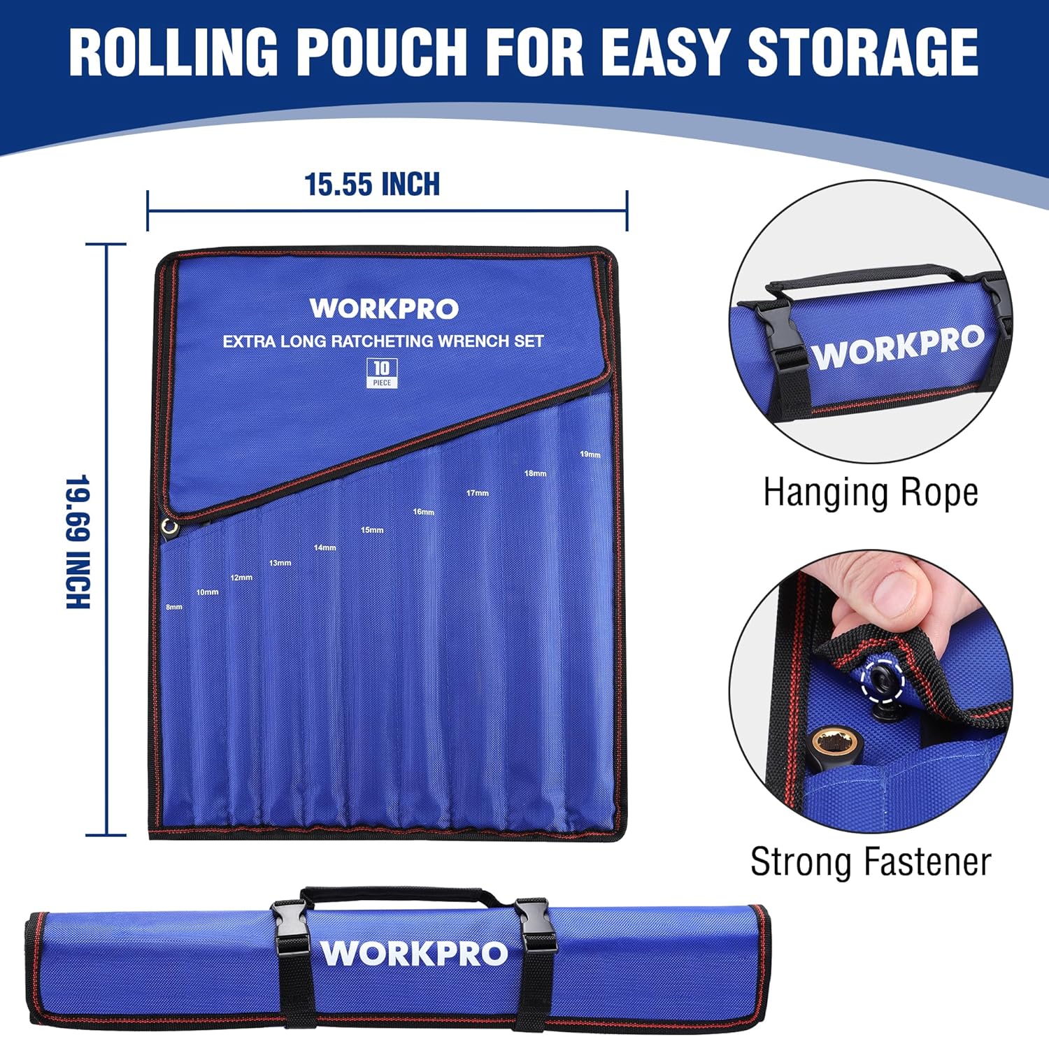 WORKPRO Extra Long Ratcheting Wrench Set, 10-Piece Anti-Slip Double Box Wrenches Set, Metric 8-19 mm, 72-Teeth, Cr-V Steel and Black Electrophoretic Coating Wrenches with Rolling Pouch