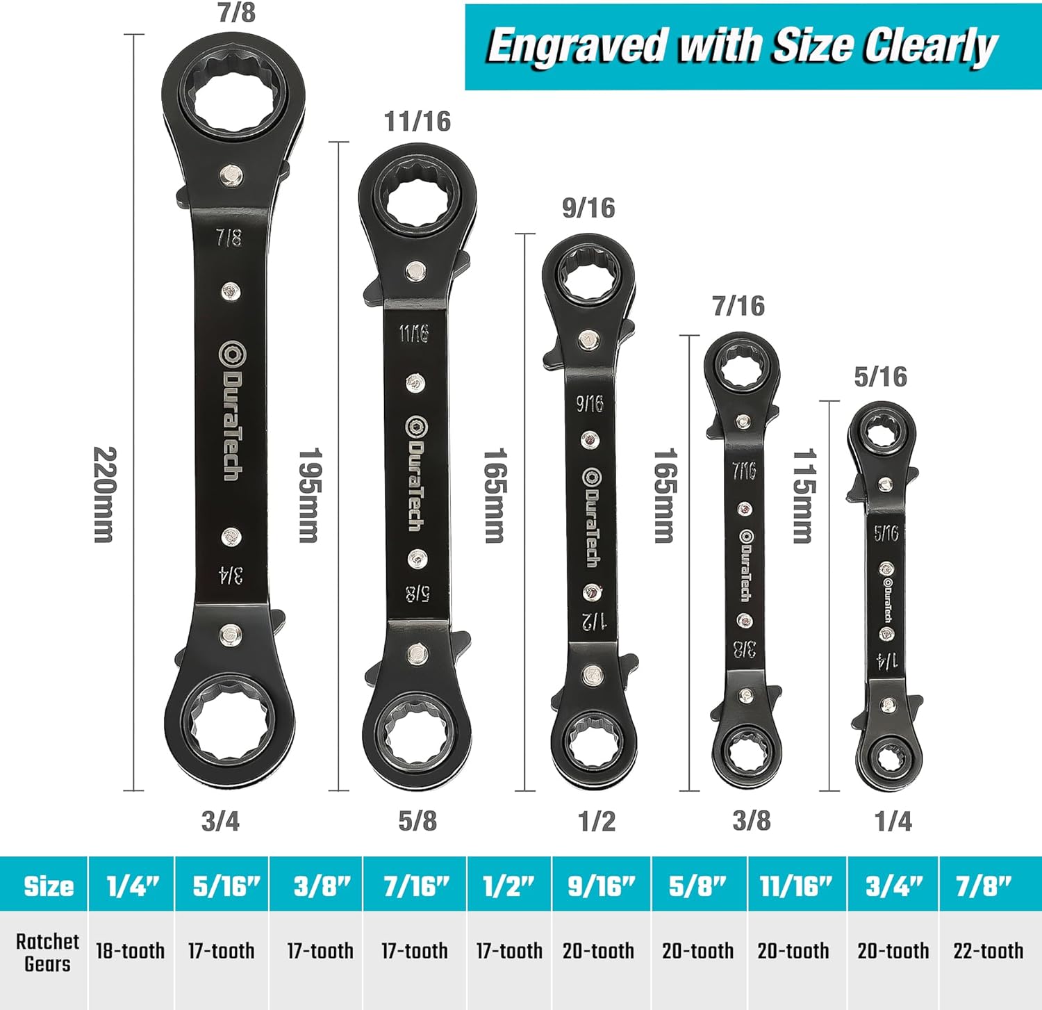 Alternative view of DURATECH 5 Pc Double Offset Box End Reversible Ratcheting Wrench Set, SAE, Heavy-duty, Matte Chrome Plated, Ratchet Spanner Crooked for Narrow Spaces (1/4-7/8 inch)