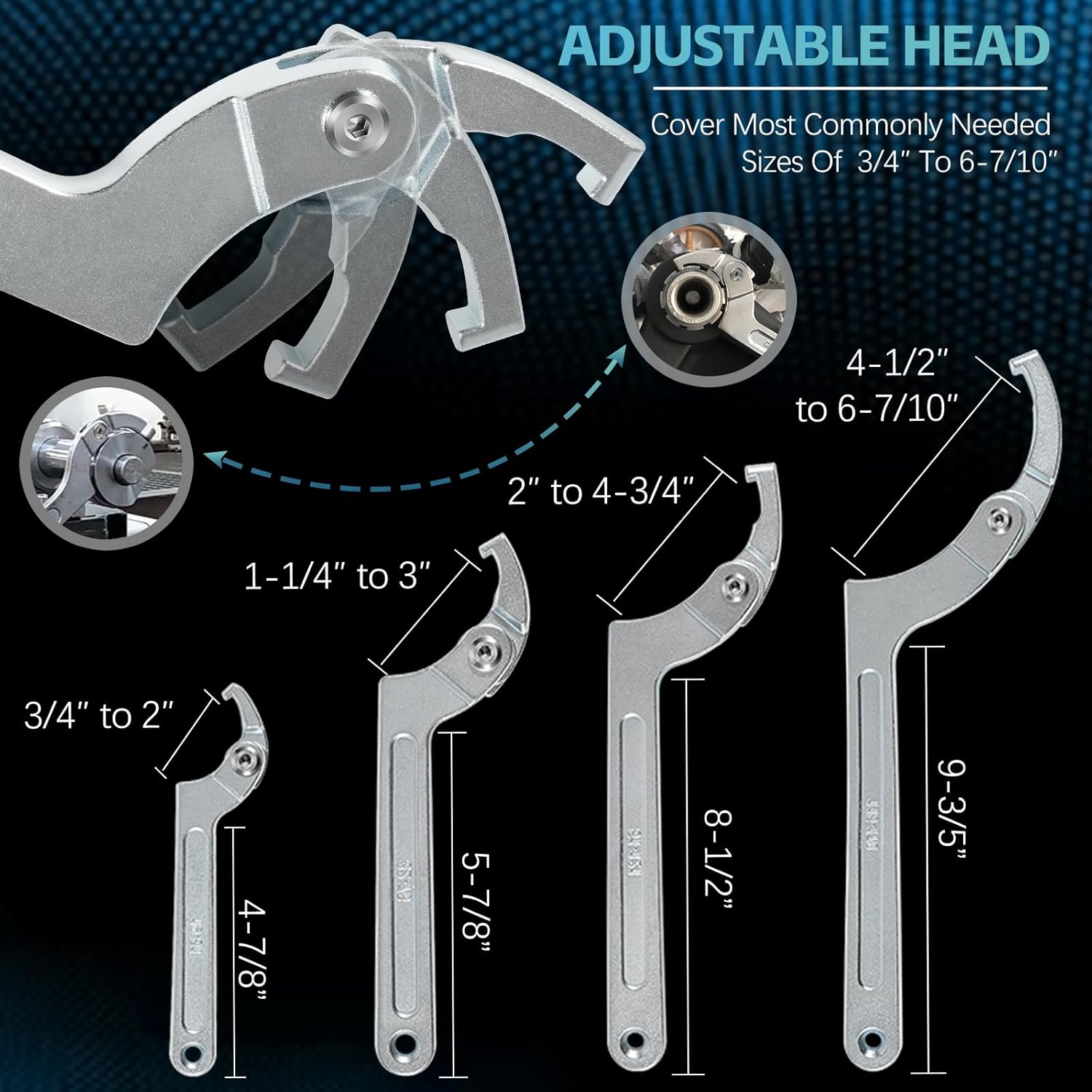 Sunluway Adjustable Pin Spanner Wrench Tool Set, 9 Pack C Spanner Nut Wrench Tools with Changeable Heads, Coilover Hook Wrenches for Suspension System Collar, Nut Adjustment, 3/4" to 6-7/10"
