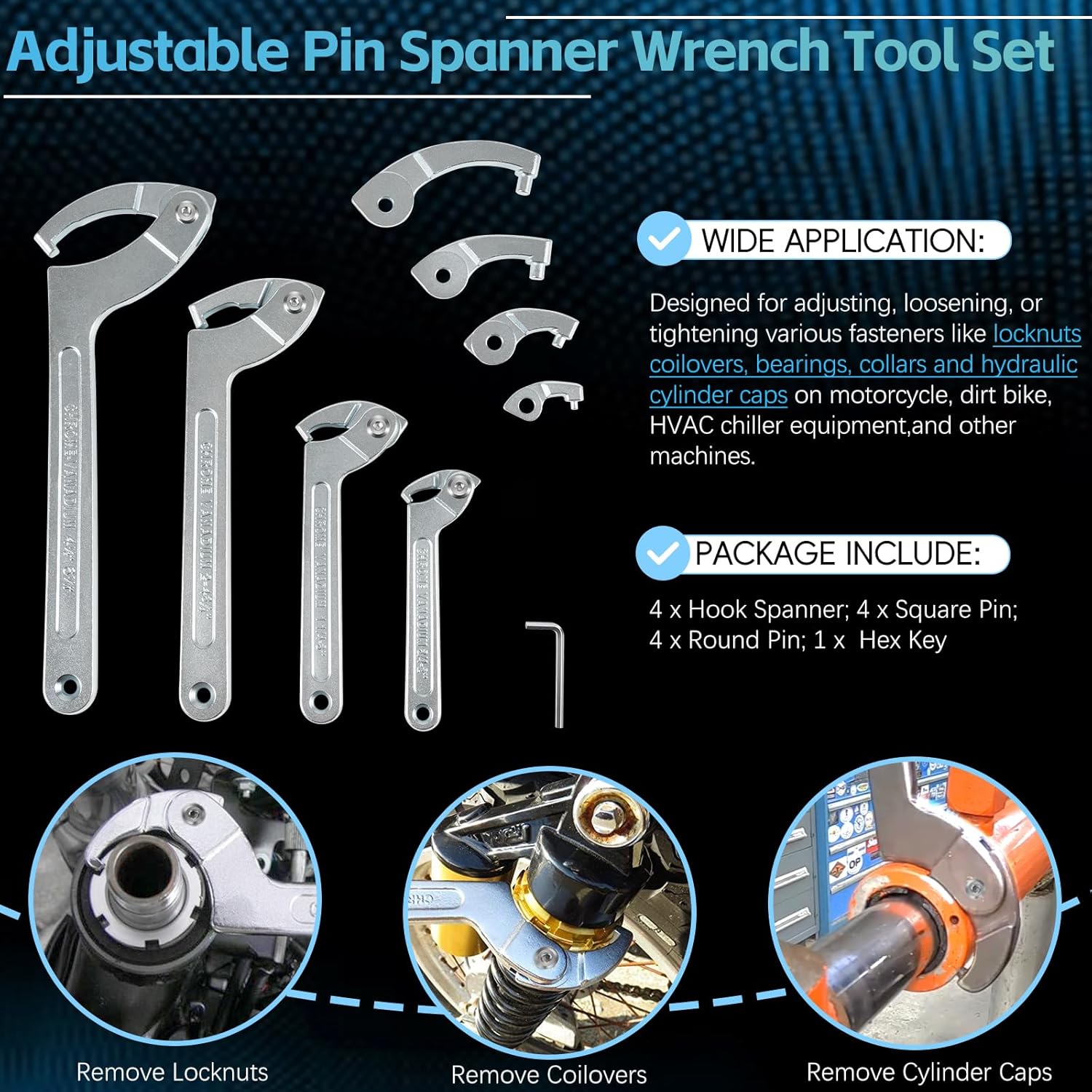 Alternative view of Sunluway Adjustable Pin Spanner Wrench Tool Set, 9 Pack C Spanner Nut Wrench Tools with Changeable Heads, Coilover Hook Wrenches for Suspension System Collar, Nut Adjustment, 3/4" to 6-7/10"