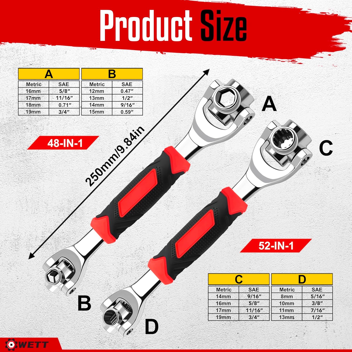 WETT Universal Socket Wrench, 2-Piece 52 in 1 and 48 in 1 Universal Socket Tools, Adjustable Multi Function Wrench, 6 & 12 Point, 360° Rotating Head Spanner Tool with Work Gloves, Stainless Steel